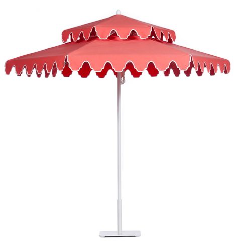 Double Decker aluminum umbrella with White frame in Coral Pink; Marquis style valance with White edge binding. Retro Umbrella, Classical Home, Every Aesthetic, Neo Baroque, Coral Beach, Outdoor Umbrellas, White Umbrella, Front Patio, Floral Studio