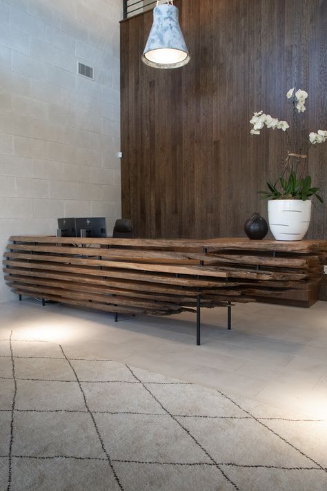 Sinker Cypress Lobby Desk made from a single sinker cypress log - the tree is estimated over 1000 years old based on the rings Modern Rustic Reception, Live Edge Reception Desk, Log Desk, Hotel Reception Design, Lobby Desk, Lobby Desks, Sinker Cypress, Tree Desk, Wood Reception