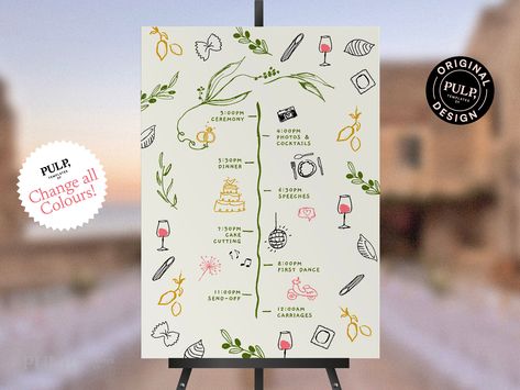 "This Order of Event template sign features our own hand drawn icons and a handwritten cute handwritten font. Easily customise for your own wedding day. All colours and text can be changed to match your event.  Find the matching designs here: https://www.etsy.com/uk/shop/PulpTemplatesCompany?ref=seller-platform-mcnav&search_query=0036&page=1#items BUNDLE PROMO Create your own custom bundle by adding 3 or more Pulp Template designs in your cart and at checkout use the promo code \"BUNDLE\" to receive an extra 25% off TRY THE DEMO Try the Demo at Corjl, copy and paste link into your browser: https://www.corjl.com/d/2IPF0F Please note: Desktop editing is recommended! Mobile and Tablet editing is limited. WHAT YOU RECEIVE You will receive your template in three sizes to cover US/CA and the res Order Of Events Wedding, Wedding Timeline Sign, Wedding Order Of Events, Order Of The Day Wedding, Drawn Icons, Order Of Events, Event Template, Order Of The Day, Wedding Order