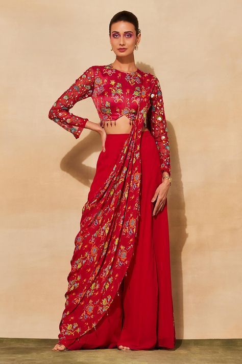 Buy DiyaRajvvir Red Modal Floral Jaal Print Blouse And Sharara Saree Set Online | Aza Fashions Blouse And Sharara, Sharara Saree, Orang India, Trendy Outfits Indian, Lehenga Designs Simple, Gaun Fashion, Indian Dresses Traditional, Traditional Indian Outfits, Designer Party Wear Dresses