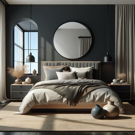 Snug bedroom with dark, Industrial vibe. King-sized platform bed with padded headboard, neutral pillows, and woven throw blanket. Circular mirror on dark grey wall, bedside chest with ceramic pots. Contemporary black lamp, floor-to-ceiling windows with white curtains, delicate plants in vases, jute rug in Slate and navy tones. Warm, welcoming atmosphere. Black Wall Grey Headboard, Grey Wall With Curtains, Industrial Chic Bedroom, Bedroom Inspirations Black, Plants In Vases, Bedroom Industrial Chic, Dark Industrial, Bedroom Inspiration Cozy, Light Oak Floors