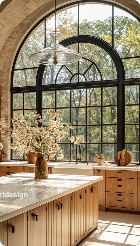 Kitchen With Garden View, Medditeranean Kitchen, Green House Kitchen, Atrium Kitchen, Crazy Kitchen, Sunny Kitchen, French Interior Design, Earthy Home, Huge Kitchen