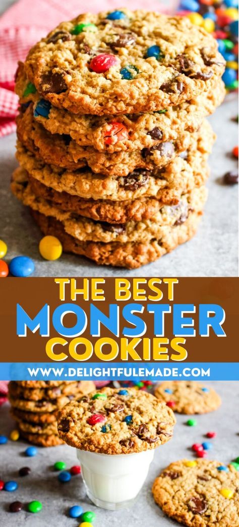 The BEST Monster Cookie Recipe - JUMBO Monster Cookies Monster Cookies Crumbl, Soft Moist Cookies, Santas Favorite Cookie, Copycat Crumbl Monster Cookies, Healthy Monster Cookies Recipe, Monster Cookies Healthy, Monster Cookie Pizza, Soft Chewy Monster Cookies, Pioneer Woman Monster Cookies