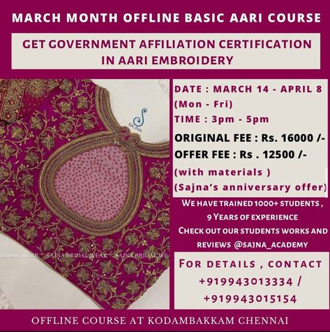 Class Poster, March Month, Aari Embroidery, Aari Work, It Works, The Originals