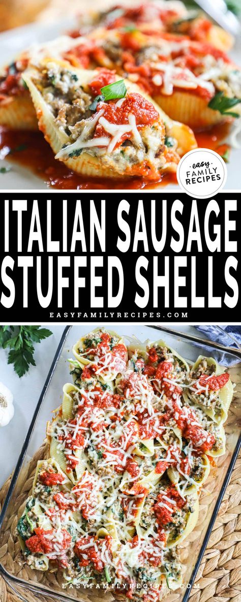 This is an EASY homemade dinner recipe with restaurant quality flavor! My kids LOVED this sausage stuffed shells recipe, and it’s so simple to make! A creamy filling of Italian sausage, spinach, and cream cheese gets stuffed into jumbo shells before being baked with marinara and mozzarella. It’s a wonderfully cheesy, and all around delicious family-friendly dinner recipe that takes just 35 minutes to make. If you’re looking for a complete meal idea for busy nights this is perfect on its own! Italian Sausage And Spinach Stuffed Shells, Italian Sausage Stuffed Shells Ricotta, Stuffed Pasta Shells Italian Sausage, Jeffrey Eisner Sausage And Shells, Ground Sausage Stuffed Shells, Stuffed Shells With Italian Sausage And Ricotta, Stuffed Shells Recipe Italian Sausage, Queso Stuffed Shells, Stuffed Shells Recipe Sausage Spinach Ricotta