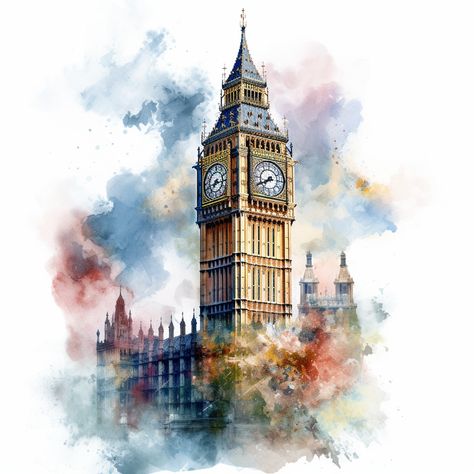 Watercolor Monuments, London City Drawing, London Watercolor, London Drawing, London Painting, Peisaj Urban, Dream Catcher Art, Watercolor Paintings Nature, Watercolor City