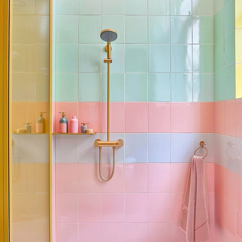 Pastel tiled minimalistic shower Coloured Shower Tiles, Pastel Bathroom Tiles, Pink Yellow Bathroom, Pink Beach Bathroom, Pastel Yellow Bathroom, Colorful Shower Tile, Pastel Color Bathroom, Pink Blue Bathroom, Colourful Bathroom Ideas