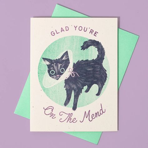 This kitty looks a little out of it, their cone of shame framing their big, dilated eyes. The perfect card to cheer up someone who has had a procedure or is recovering from an illness. Risograph printed in seafoam and plum. A2 folded card, blank inside Contrast envelope Eco-friendly, vegetable-based ink Printed on 100% Dilated Eyes, Cheer Up Someone, Cone Of Shame, Risograph Print, Book Clothes, Sweet Messages, Get Well Cards, Vintage Greeting Cards, Cheer Up