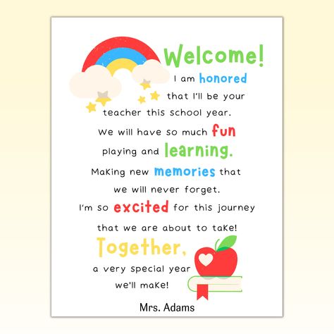 First Day of School Letter From Teacher, Printable Welcome Back to School Card, Beginning of School Year Poem, Teacher to Student Gift - Etsy Ireland Welcome Letters To Students From Teacher, Welcome Back To School Messages For Students, Welcoming Students Back To School Ideas, Welcome Note For Students, Welcome Cards For Students First Day School Ideas, Welcome First Day Of School, First Day Of School Letter, Beginning Of School Year, Teacher Poems