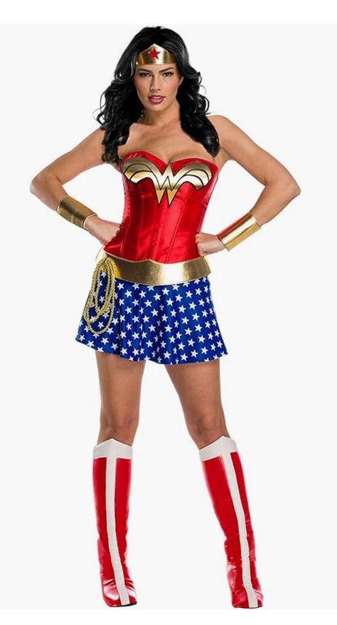 Size: Large 100% polyester corset has boning for structure and full length zipper down left side Corset has 10 pairs of eyelets down the back, threaded w/ red ribbon Corset comes w/ invisible straps that can be added as needed Sewn on, embroidered Wonder Woman emblem on front of corset Adult Wonder Woman Costume, Wonder Woman Outfit, Plus Size Costume, Black Halloween Dress, Woman Costume, Dresses By Pattern, Wonder Woman Costume, Wonder Women, Up Costumes