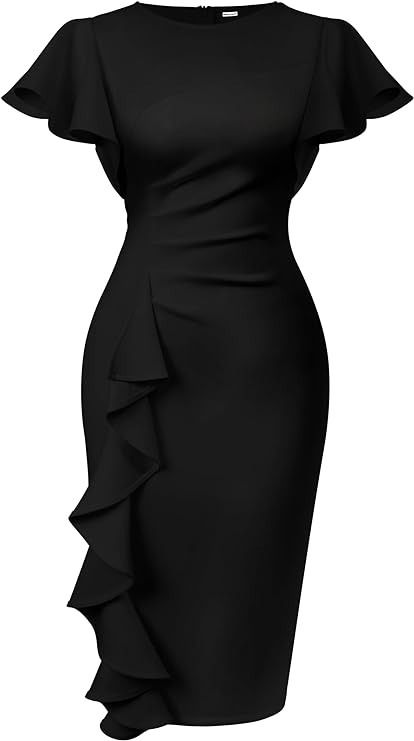 Memoriesea Women's Vintage Church Ruffle Sleeve Ruched Bodycon Work Midi Pencil Dress Black at Amazon Women’s Clothing store Black Corporate Dress Classy, Short Office Gown Styles, Vintage Style Dresses Classy, Formal Dresses For Women Office Outfits, Amazon Black Dress, Classy Work Dresses, Straight Dress Outfit, Black Gown Design, Vintage Short Gown