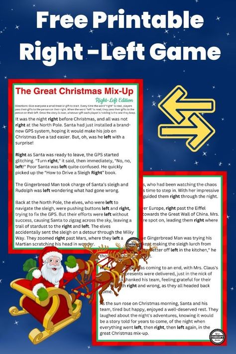 Right Left Christmas Game Printable - Free Story - Your Therapy Source Christmas Left Right Game Printable Free, Christmas Picture Puzzle Game, Christmas Left Right Stories, Free Left Right Christmas Game, Christmas Emoji Game With Answers, Christmas Games Free Printable, Christmas Picture Puzzle, Left Right Christmas Game Free Printable, Left Right Story Game Funny