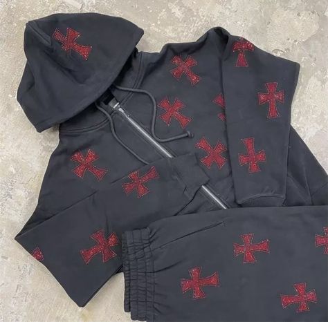 Unknown London, Rhinestone Hoodie, London Red, Chill Fits, Rhinestone Cross, Hoodie Outfit, Red Rhinestone, Black Rhinestone, Colorful Hoodies