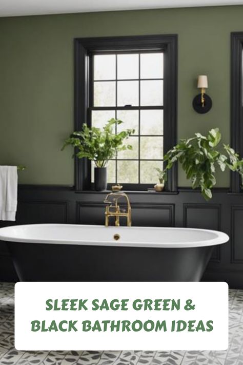 Sage green and black bathroom with plants and a freestanding bathtub. Black White Sage Bathroom, Green Black And Wood Bathroom, Dark Green And Gold Bathroom Ideas, Green Color Scheme Bathroom, Murky Green Aesthetic, Black And Sage Bathroom, Black On Black Bathroom, Green And Black Interior Design, Sage Green And Black Bathroom