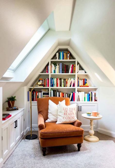 Small attic room ideas Reading Nook In Attic, Loft Nook Ideas, Attic Lounge Ideas, Small Attic Office, Attic Hallway, Tiny Attic Ideas, Attic Built Ins, Attic Renovation Before And After, Attic Space Ideas