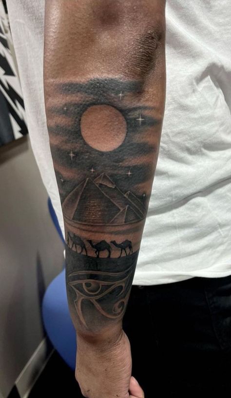 African Egyptian Tattoo, Egyptian Tattoo Designs Men Sleeve, Tattoos For Back Of Forearm, Egypt Theme Tattoo, Spiritual Men Tattoos, Men Spiritual Tattoo, John Wall Tattoos, Tattoo Ideas For Men Egyptian, African Tattoo Ideas For Men Sleeve