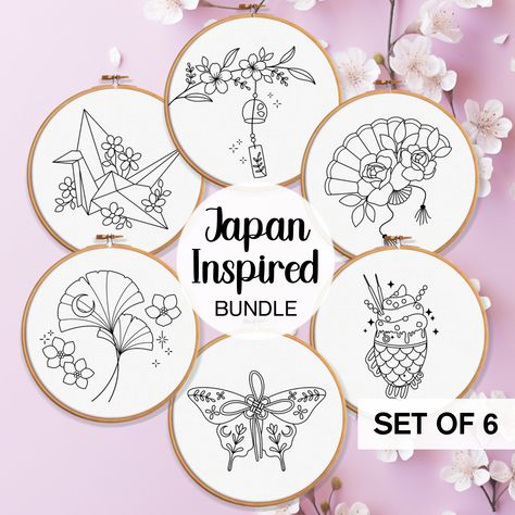 Japan Inspired Embroidery Pattern Bundle, 6 Japanese Hand Embroidery Templates, Asian Embroidery Patterns, Japan Embroidery Origami Pattern Japan Embroidery, Asian Embroidery, Tufting Diy, Origami Patterns, Embroidery Template, Types Of Stitches, Small Details, Cool Diy Projects, Embroidery Pattern