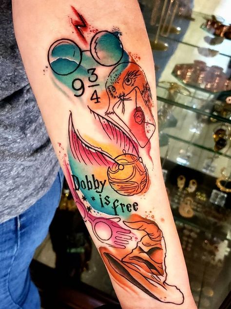 Harry Potter Sleeve Tattoo For Women, Harry Potter Tattoo Sleeve, Watercolor Tattoo Ideas, Maching Tattoos, Nerdy Tattoos, Hp Tattoo, Potter Tattoo, Tattoos For Women Half Sleeve, Harry Potter Tattoos