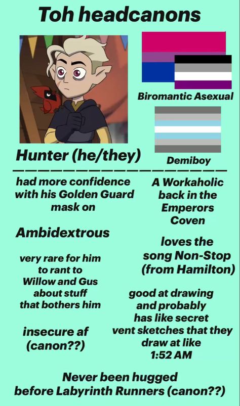 Toh Hunter Headcannons, Hunter Toh Headcanons, Trans Hunter Toh, Owl House Headcanons, Trans Hunter, Toh Headcanons, Character Headcanons, Hunter Noceda, Toh Memes