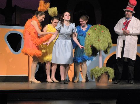 Bird Girls, Gertrude, Doctor Dake, & Pillberry Bush Pillberry Bush Seussical, Seussical Jr Props, Seussical Costumes Gertrude, Wizard Of Oz Play Props Set Design, Seussical The Musical Props, Seussical Costumes, Bird Girl, Diy Props, Stage Design