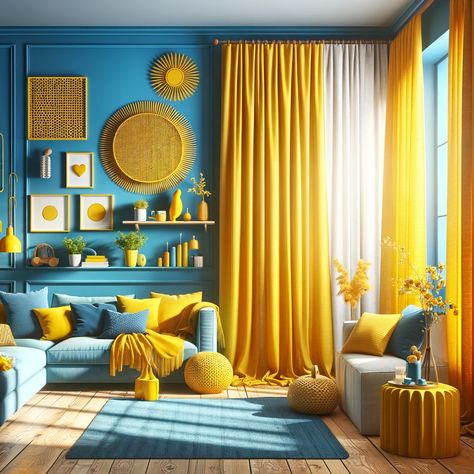 Yellow Teal Living Room, Navy Blue And Yellow Living Room Decor, Blue And Yellow Room, Blue And Mustard Living Room, Yellow Curtains Living Room, Mustard Living Rooms, Olive Green Curtains, Blue And Yellow Living Room, Mustard Yellow Curtains