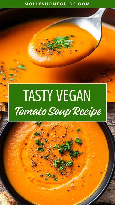 Indulge in the comforting flavors of a hearty, vegan tomato soup that is perfect for cozy nights at home or gatherings with loved ones. This recipe is packed with aromatic herbs and fresh, ripe tomatoes to create a rich and flavorful dish that will warm you up from the inside out. Whether you follow a vegan lifestyle or simply enjoy delicious plant-based meals, this tomato soup is sure to be a hit. Tomato Soup Vegan Easy, Easy Vegan Tomato Soup, Paleo Tomato Soup, Vegan Tomato Soup Recipe, Tomato Based Soup, Tomato Soup Vegan, Fresh Tomato Soup, Vegan Tomato Soup, Cherry Tomato Recipes