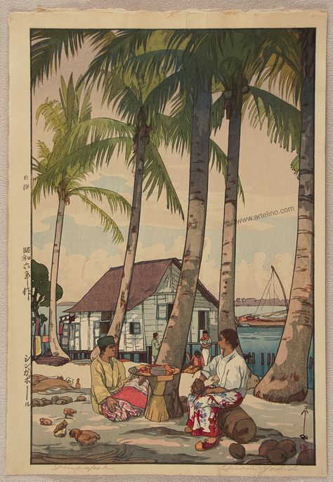 From Yoshida's series of prints of India and Southeast Asia. A small river front house in Singapore. People are relaxing under the cool shades of palm trees.  #artelino #artauctions #hiroshiyoshida #singapore #woodblockprint #japaneseprints #shinhanga Hiroshi Yoshida, Images D'art, Southeast Asian Arts, Art Japonais, Ukiyo E, Japanese Woodblock Printing, Japanese Painting, Japanese Prints, Japanese Artists