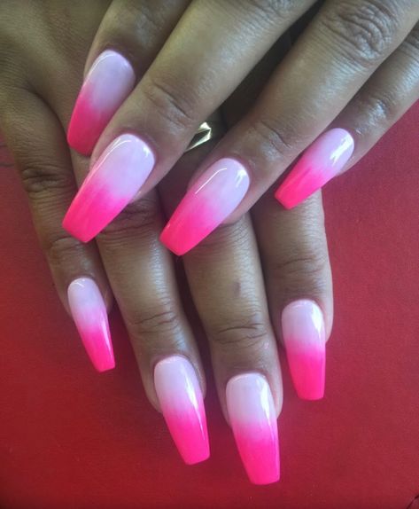 Hot Pink Nails Ombre, Hot Pink And White Acrylic Nails, Hot Pink Ombré Nails, Hot Pink And White Ombre Nails, Bright Pink Ombre Nails, White And Hot Pink Nails, Hot Pink Nails With Design Summer, Hot Pink And White Nails, Ombré Hot Pink Nails