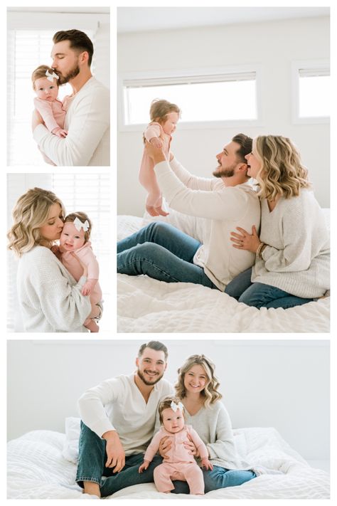 Family Infant Photos At Home, 3 Month Lifestyle Session, Indoor Picture Ideas Family Photos, Family Of 3 Lifestyle Photography, Family Picture Indoor, 2 Month Old Lifestyle Photography, Infant Family Photos Indoor, Family Of 3 Photo Ideas Indoors, Indoor Family Of 3 Photoshoot Ideas