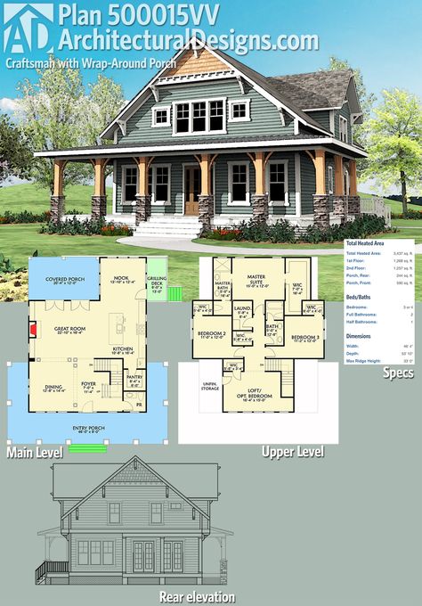 Upstairs Laundry, Porch House Plans, Murphy Bed Plans, Craftsman Home, Craftsman Style Home, Casas Coloniales, Craftsman House Plan, Wrap Around Porch, House Building