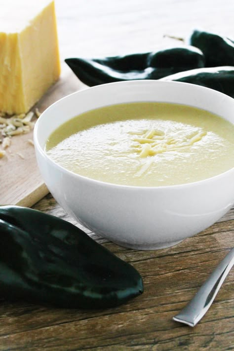 White Cheddar Poblano Soup from The Stay At Home Chef. This is a Kneader's Bakery copycat and it is so dang good! Super easy to make, too! White Cheddar Soup, Poblano Soup, The Stay At Home Chef, Roasted Poblano, Stay At Home Chef, Soup Appetizers, Poblano Peppers, Tandoori Masala, Savory Soups