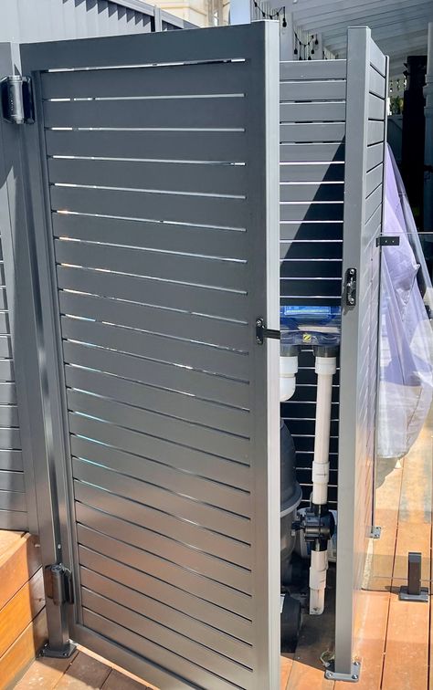 Air Cons & Pool Pump Screening | Custom Made Privacy Screens Outdoor Shower Privacy Screen, Screening Ideas, Shower Privacy, Pool Cage, Hidden Pool, Pool Heat Pump, Ac Cover, Florida Pool, Air Conditioner Units