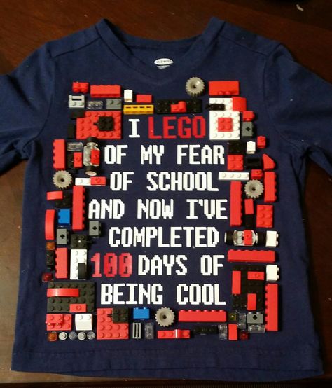 LEGO 100 days of school shirt. Lego 100 Days Of School Shirt, 100 Days Of School Tshirt, 100 Days Of School Project Kindergartens, 100 Day Shirt Ideas, Fear Of School, 100days Of School Shirt, 100th Day Of School Crafts, 100 Day Of School Project, Kindergarten Projects