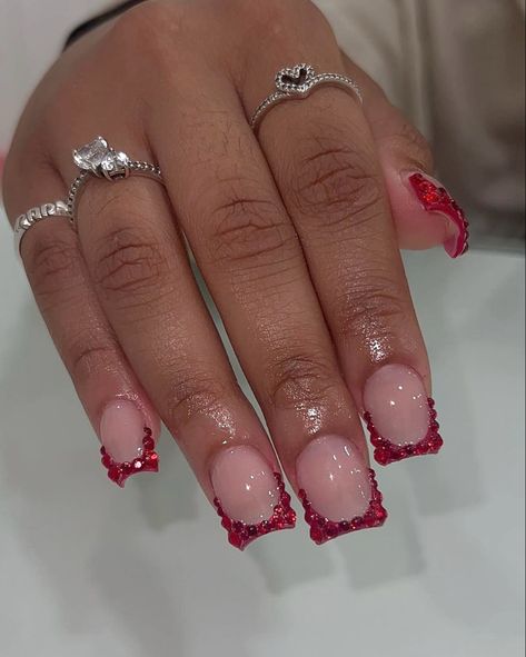 Red French Tip With Design, Red French Tip With Gold, Red Nails Hoco, Frenchies Acrylic Nails, French Tip With Design, Nails Hoco, Red French Tip, Red French, Nails Inspo