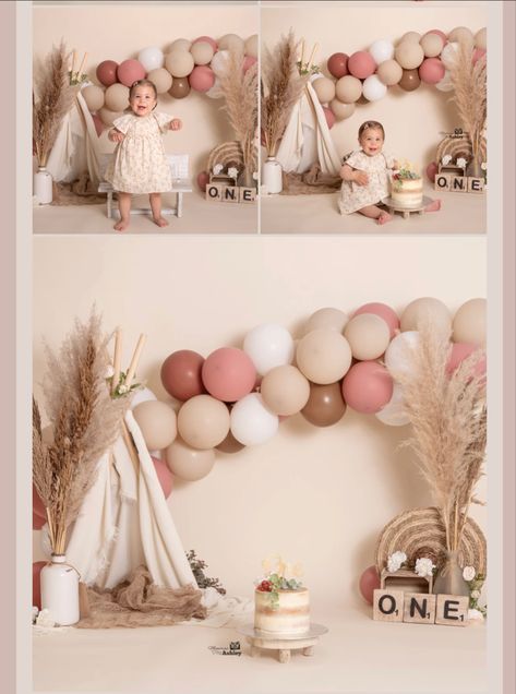 Boho First Bday Photoshoot, Boho First Birthday Cake Smash, Earthy First Birthday, Isn’t She Onederful Cake Smash, Smash Cake Girl 1st Birthday Ideas, Brown And Pink Birthday Theme, Vintage First Birthday Photoshoot, First Birthday Onederful, One Year Old Picture Ideas Studio