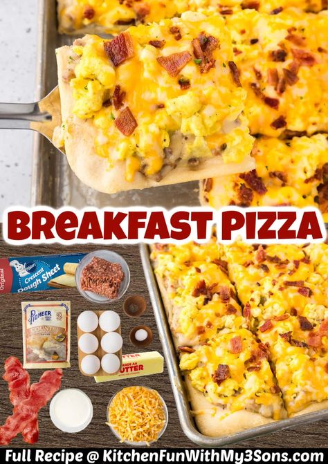 This family favorite Breakfast Pizza is topped with scrambled eggs, crispy bacon, Italian sausage, shredded cheese and a rich gravy as the “sauce”. Easy Breakfast Pizza, Pizza Breakfast, Pizza For Breakfast, Pesto Pizza Recipe, Fancy Pizza, Dessert Pizza Recipes, White Pizza Recipes, Protein Pizza, On The Go Breakfast