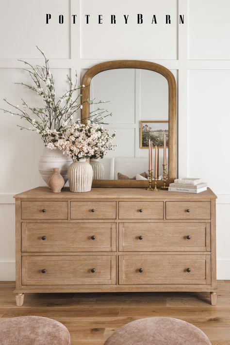 The Sausalito 8-Drawer Dresser adds plenty of storage while providing the perfect space for a bedroom vignette.   📷: @alexisandraaustin Dresser Top Decor Ideas, Neutral Wood Tones, Vintage Boho Room, Dresser Top Decor, Textured Vases, Beautiful Bedroom Inspiration, Top Decor Ideas, Light Colored Furniture, Wooden Bedroom Furniture