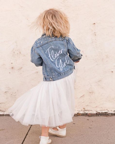 Custom Flower Girl Jackets now available in store and online Simple Flower Girl Dresses, Bridal Party Getting Ready, Custom Jean Jacket, Jean Jacket For Girls, Girls Denim Jacket, Embellished Denim Jacket, Dress With Jean Jacket, Kids Clothing Brands, Denim Jacket With Dress