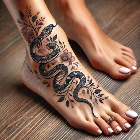 Witchy Rib Tattoo, Thigh Snake Tattoo Women, Wraparound Ankle Tattoo, Snake Leg Tattoos Women, Tattoo On Feet For Women, Ankle Foot Tattoo Wrap Around, Ankle Snake Tattoo, Dainty Foot Tattoos, Snake Foot Tattoo