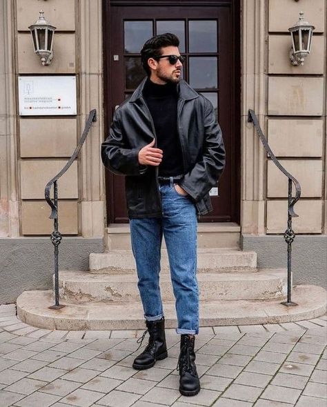 Dapper Denim: The Must-Have Fall Jeans for Men 2023 - mens-club.online Look 80s, Boots Men Outfit, Dr Martens Outfit, Outfit Botas, Boots Outfit Men, Denim Jeans Fashion, Men Fashion Casual Shirts, Mens Casual Dress Outfits, Fall Jeans