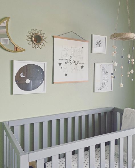 Good Night Moon Nursery Theme, Crystal Themed Nursery, Lunar Nursery Theme, Luna Nursery Room, Good Night Moon Nursery, Moon And Sun Nursery Theme, Boho Moon And Stars Nursery, Baby Girl Space Nursery, Boho Space Nursery