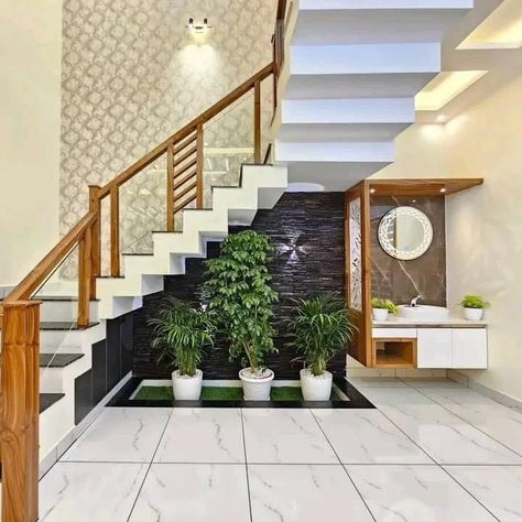 Staircase Lights, Wooden Railing, Staircase Lighting Ideas, Stone Exterior Houses, Staircase Designs, Sunny Kitchen, Exterior Houses, Stairs Design Interior, Minimal House