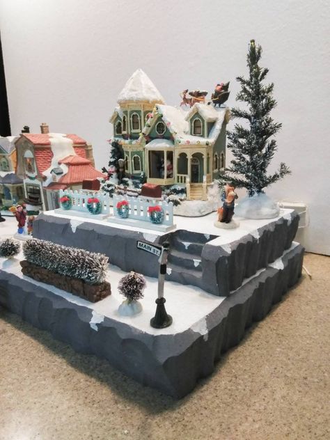 **This listing is only for a display platform. No houses, figures, or other items are included.** Add a beautiful handmade display platform to showcase your Christmas Village!  This display measures 24 inches x 12 inches x 4 inches with two levels that each have stairs and carved sides to resemble a stone mountain with snow dripping from the edges. The second level is an independent display that can be positioned anywhere you like, even as it's own free standing piece if you choose! *Do you love Dickens Village Display, Diy Christmas Village Platform, Mountain With Snow, Holiday Village Display, Christmas Tree Village Display, Diy Christmas Village Displays, Christmas Tree Village, Pretty Christmas Decorations, Christmas Village Sets