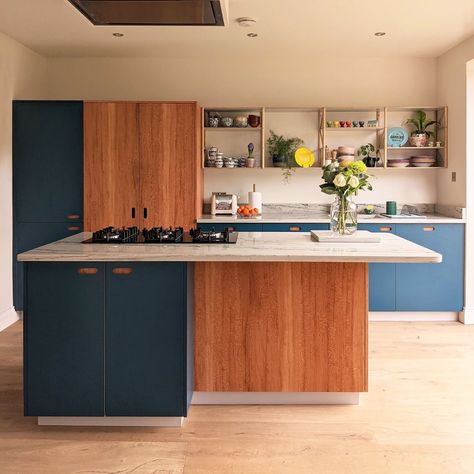 Pluck Kitchen, Oak And Blue Kitchen, Mid Century Modern Kitchen Blue, Blue And Wood Kitchen, Modern Kitchen Furniture, Laminate Kitchen Cabinets, Timber Kitchen, Plywood Kitchen, Kitchen Cupboard Designs