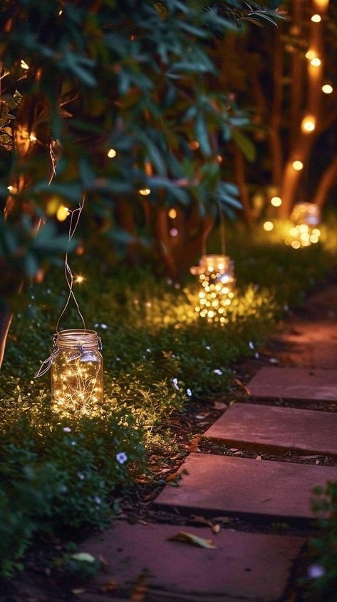 Fairy Light Photography, Fairy Lights Outdoor, Diy Mason Jar Lights, Mason Jar Lights, Outdoor Walkway, Iphone Wallpaper Lights, Photoshop Backgrounds Backdrops, Outdoor Fairy Lights, Photos Wallpaper