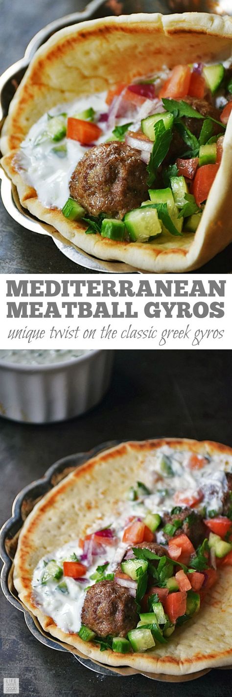 Mediterranean Meatball Gyros Sandwiches | by Life Tastes Good are full of flavor and very satisfying! Using simple flavors often found in Greek cuisine, this unique recipe puts a twist on a traditional gyros recipe. Makes a tasty dinner or appetizer recipe for parties too! #SundaySupper Traditional Gyro Recipe, Meatball Gyros, Mediterranean Meatballs, Gyros Recipe, Salad Quinoa, Unique Recipe, Tasty Dinner, Think Food, Mediterranean Diet Recipes