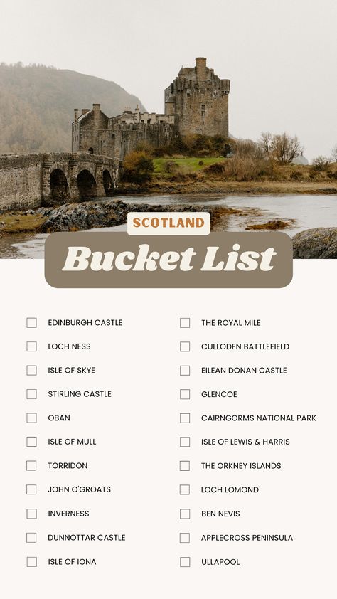 Are you traveling to Scotland soon? This Scotland bucket list covers all the must-see locations for your trip to the Scottish Highlands. Print it out and use for itinerary travel planning! Visit Scotland Travel Guide I Scotland Itinerary | Printable Scotland Travel Guide | Scotland travel tips | Isle of Skye what to do | Scottish Isles | Scottish Highlands travel | Isle of Skye Road Trip | Scotland Road Trip Outlander Travel Scotland, Scotland Hiking Trails, Places To Visit In Scotland Scottish Highlands, Must See Scotland Bucket Lists, Uk Trip Ideas, Outlander Scotland Locations, Scotland Itinerary 2 Weeks, Scottish Road Trip, Scottish Highlands Road Trip