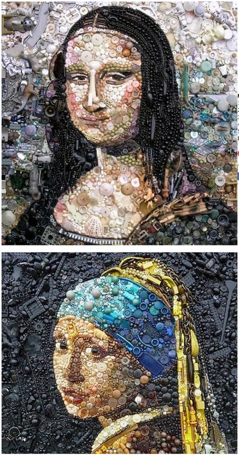 Jane Perkins Recreates Famous Works of Art with Buttons, Beads and Other Bits of Plastic Mixmedia Art Ideas, Waste Art, Earth Drawings, Recycled Art Projects, Art Apps, Fabric Wall Art, Famous Artwork, Collage Art Projects, Plastic Art