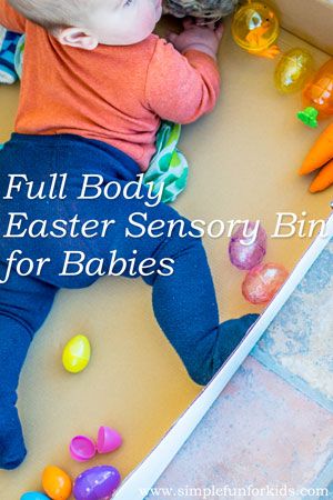 Easter sensory bin for babies: Perfect for babies who can't sit up yet - and still fun when they're older! Easter Sensory Bin, Baby Zintuiglijk, Easter Sensory, Infant Classroom, Baby Sensory Play, Baby Play Activities, Easter Activities For Kids, Easy Easter Crafts, Sensory Bin