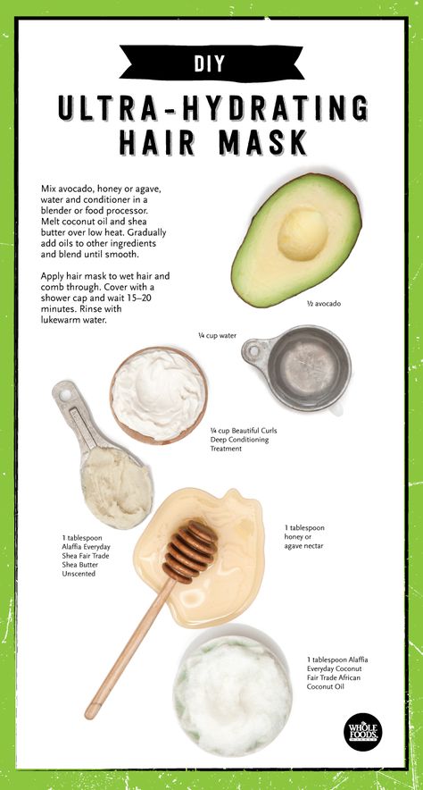 DIY Ultra-Hydrating Hair Mask:   Mix avocado, honey or agave, water and conditioner in a blender or food processor. Melt coconut oil and shea butter over low heat. Gradually add the oils and blend until smooth. Apply hair mask to wet hair and comb through. Cover with a shower cap and wait 15 to 20 minutes. Rinse with lukewarm water. Deep Conditioning Diy, Hair Mask Recipe, Diy Hair Masks, Hydrating Hair Mask, Homemade Hair Products, Diy Hair Mask, Coconut Oil Hair, Mask Diy, Diy Hair Care